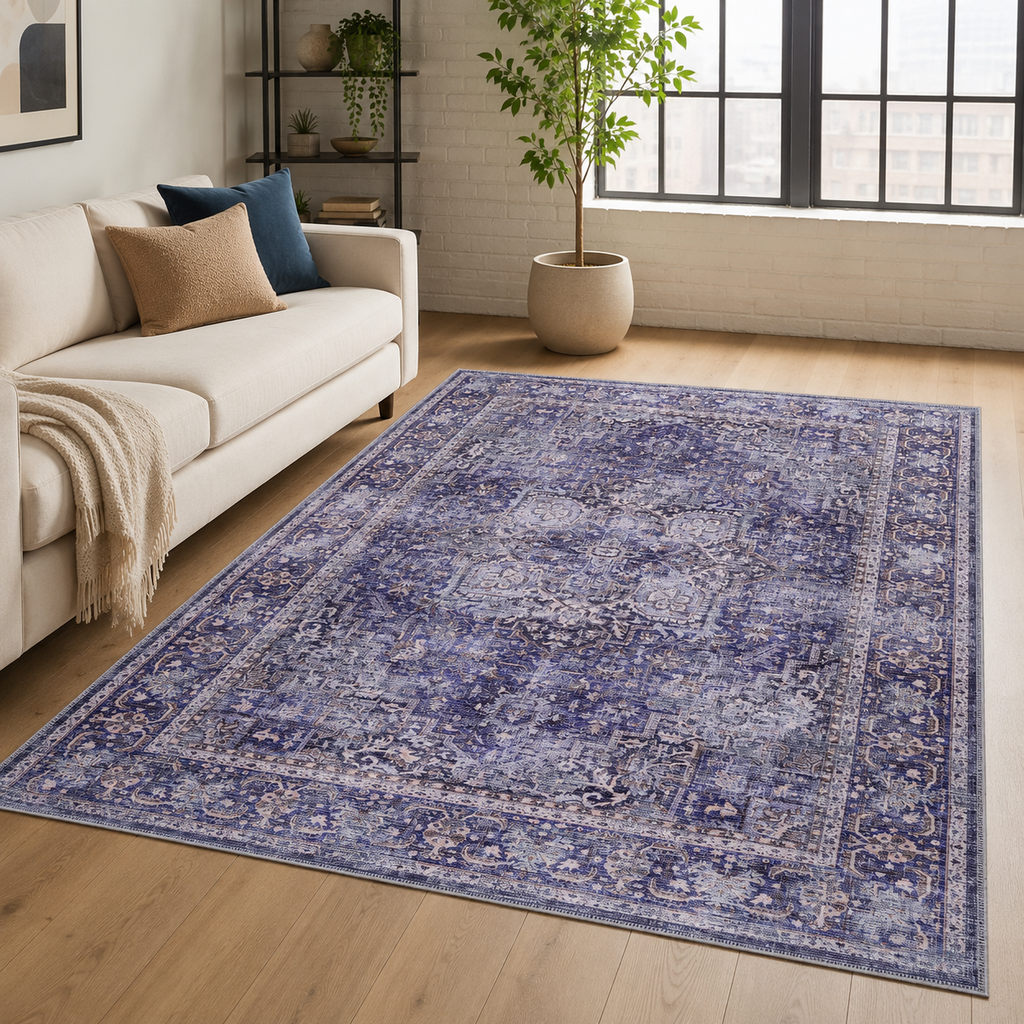 Tapis Vintage Bleu Marine Lavable Mathilde, vue 7
