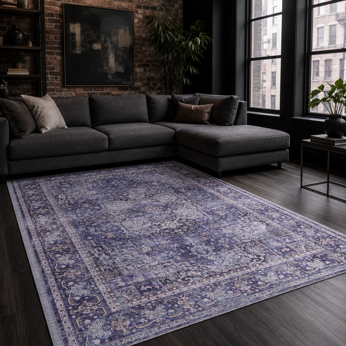 Tapis Vintage Bleu Marine Lavable Mathilde, vue 8