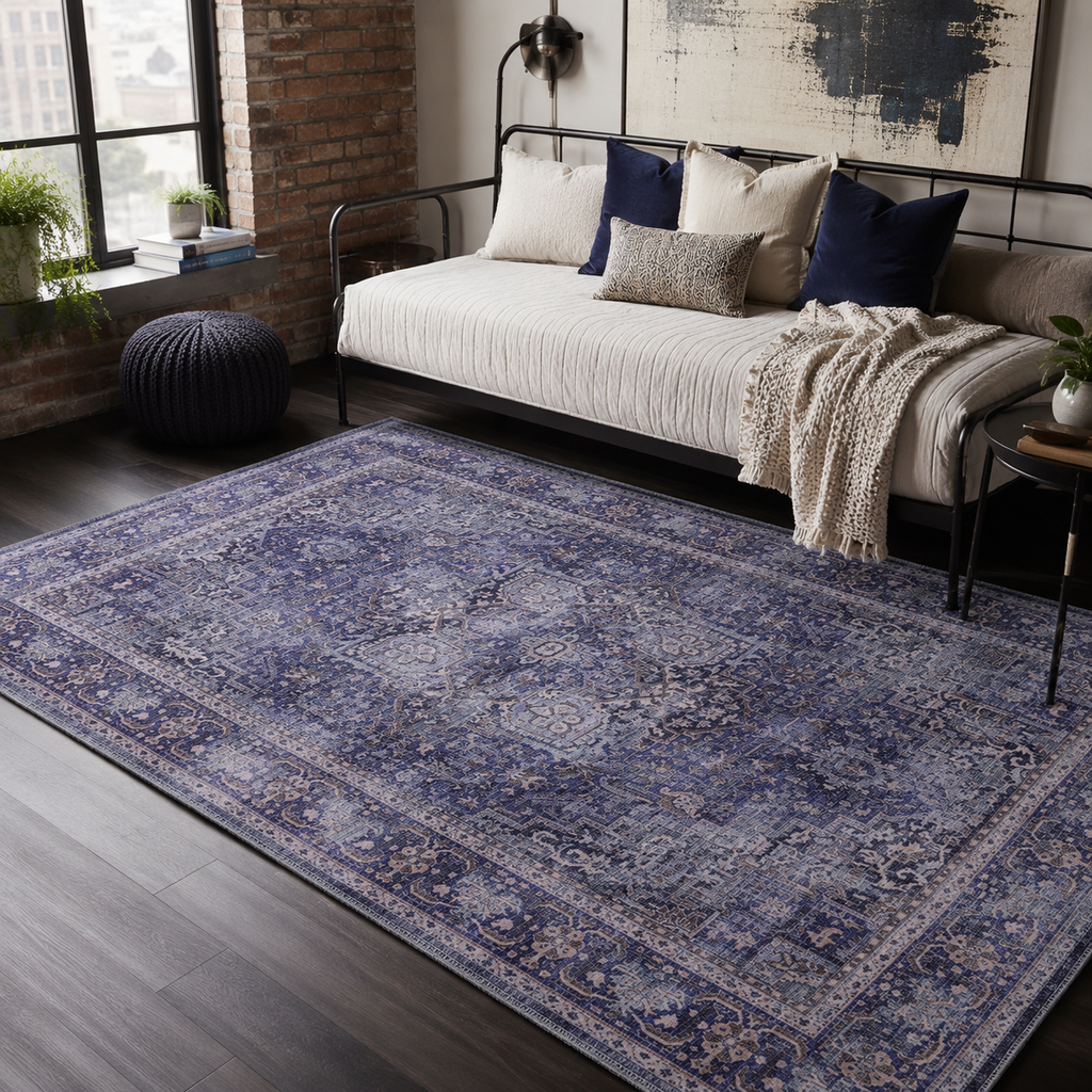 Tapis Vintage Bleu Marine Lavable Mathilde, vue 9