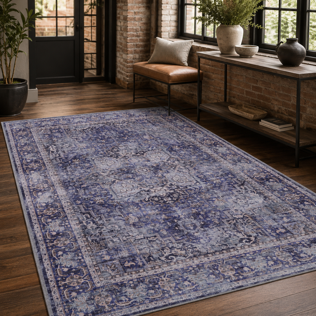 Tapis Vintage Bleu Marine Lavable Mathilde, vue 10