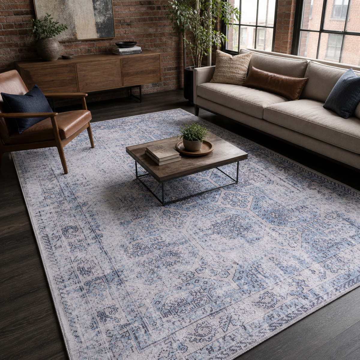 Tapis Vintage Bleu Marine Lavable Marina, vue principale