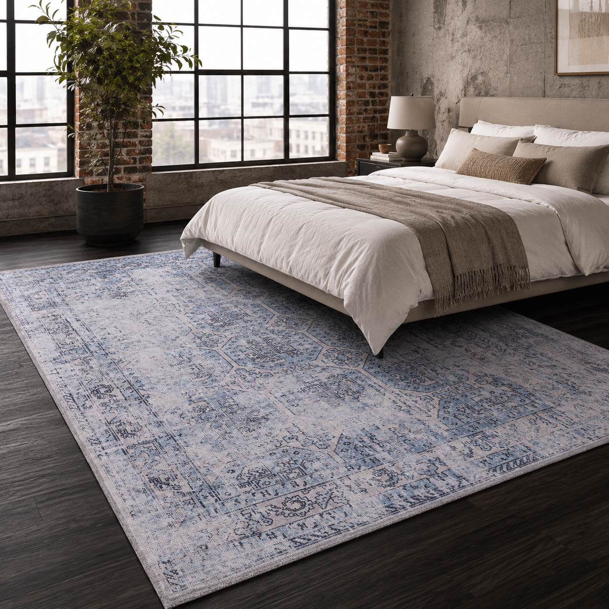 Détail du motif du tapis vintage bleu marine lavable Marina