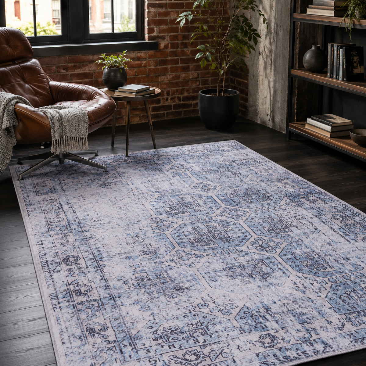 Tapis Vintage Bleu Marine Lavable Marina, vue 5