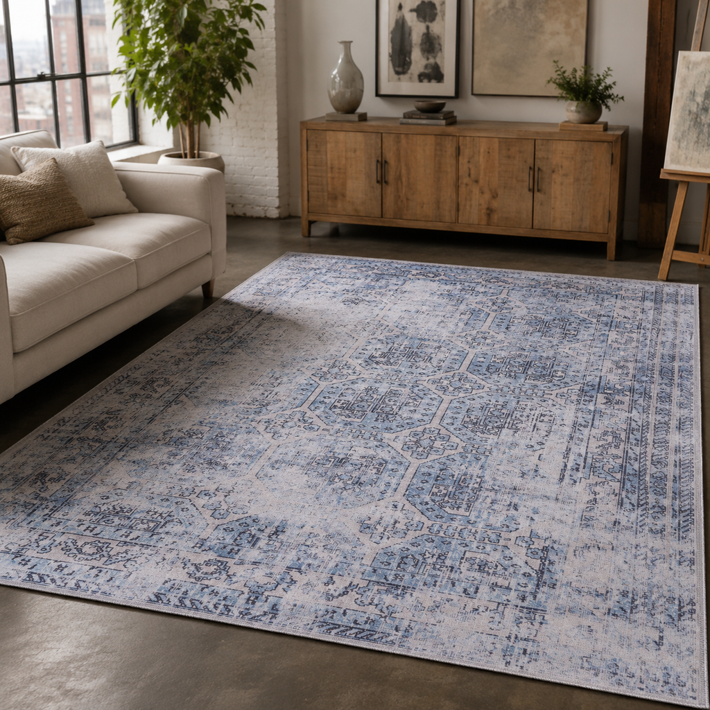 Tapis Vintage Bleu Marine Lavable Marina, vue 8