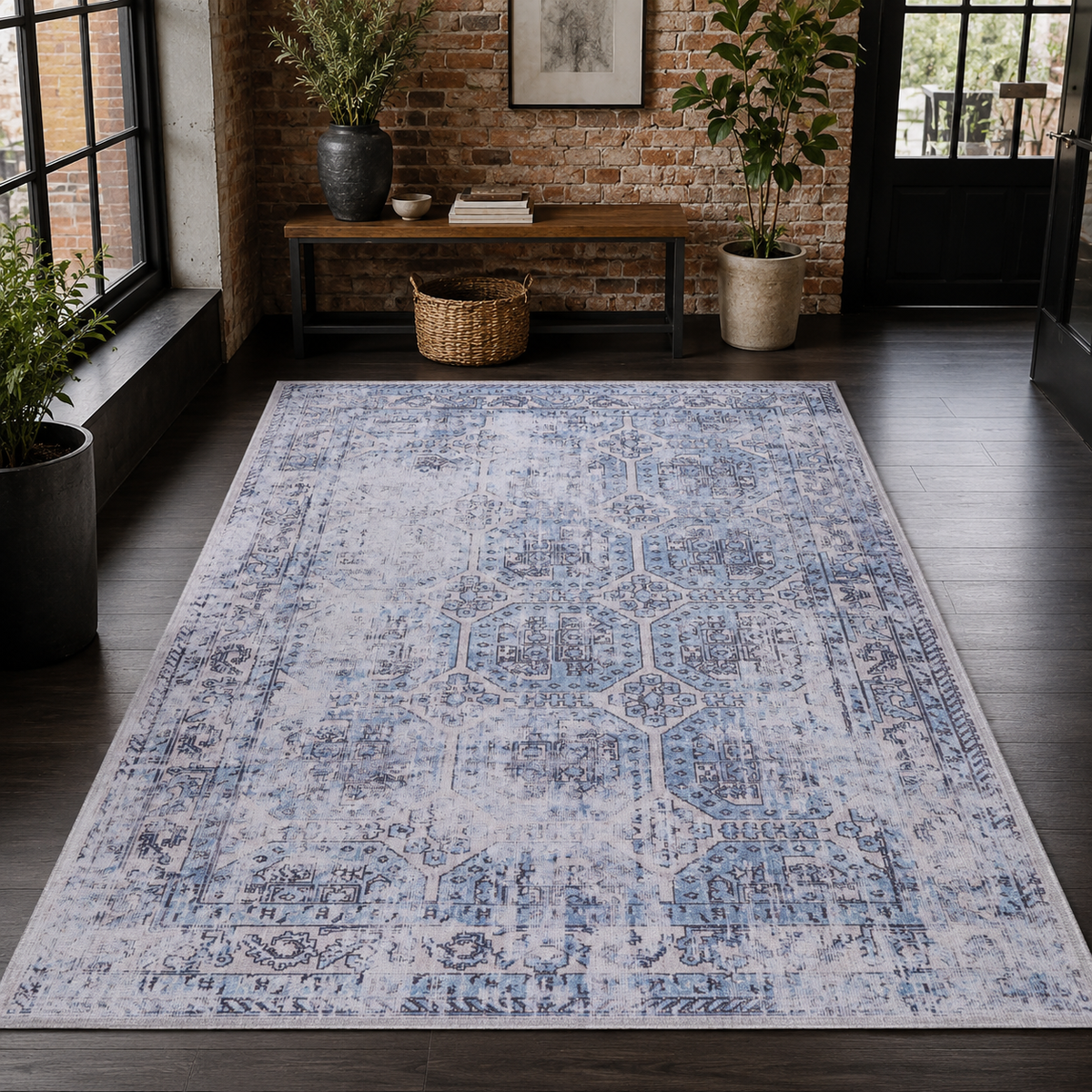 Tapis Vintage Bleu Marine Lavable Marina, vue 9