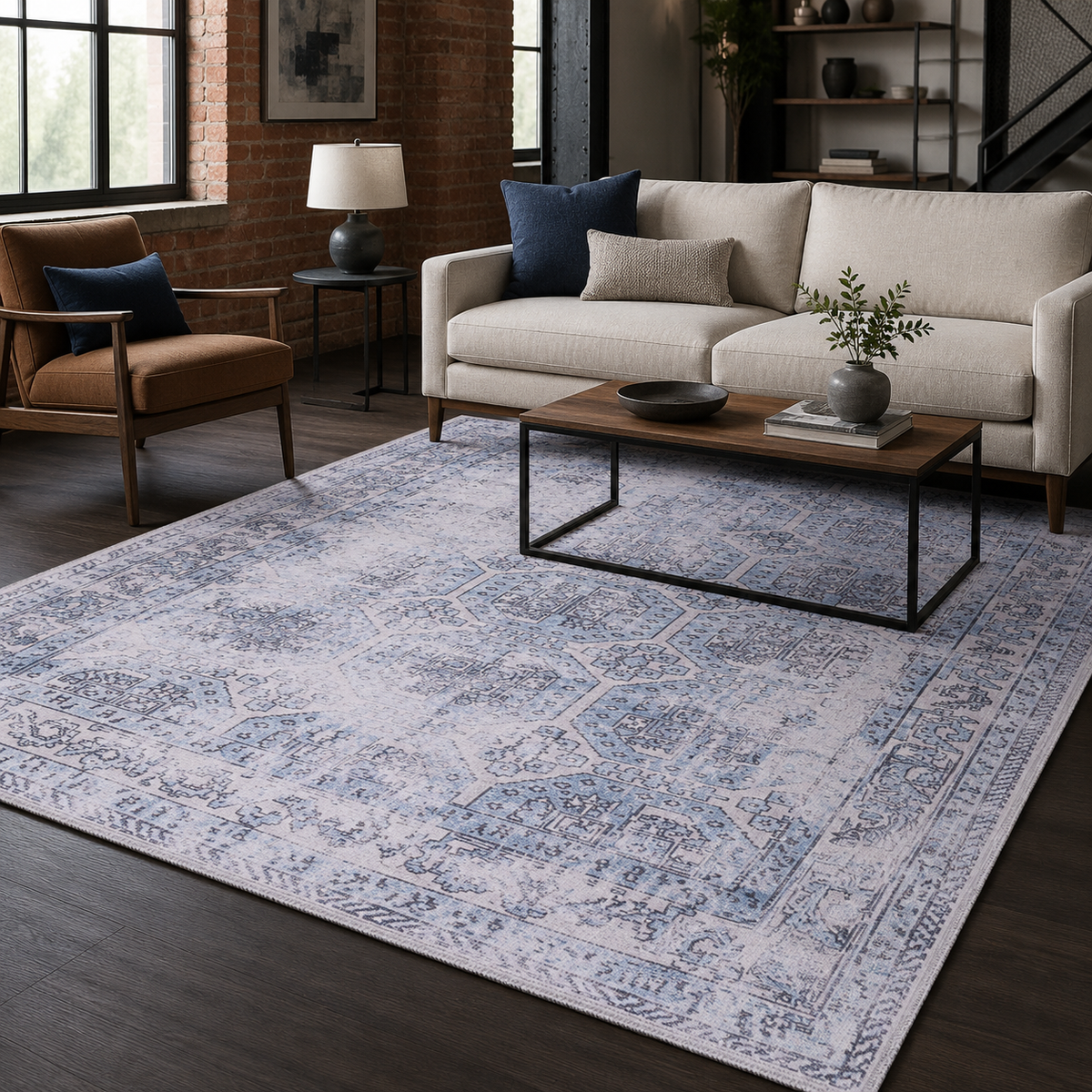 Tapis Vintage Bleu Marine Lavable Marina, vue 10