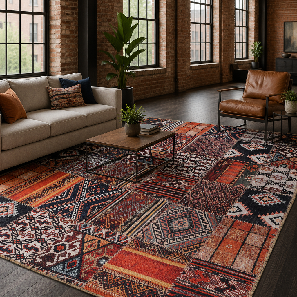 Détail du motif du tapis ethnique vintage bordeaux lavable Maïa