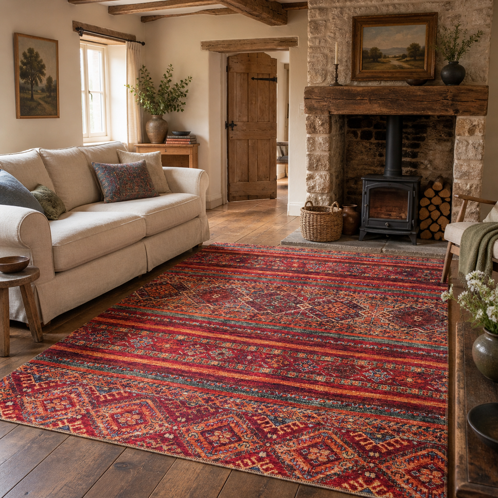 Tapis Ethnique Bordeaux Lavable Aveline, vue principale