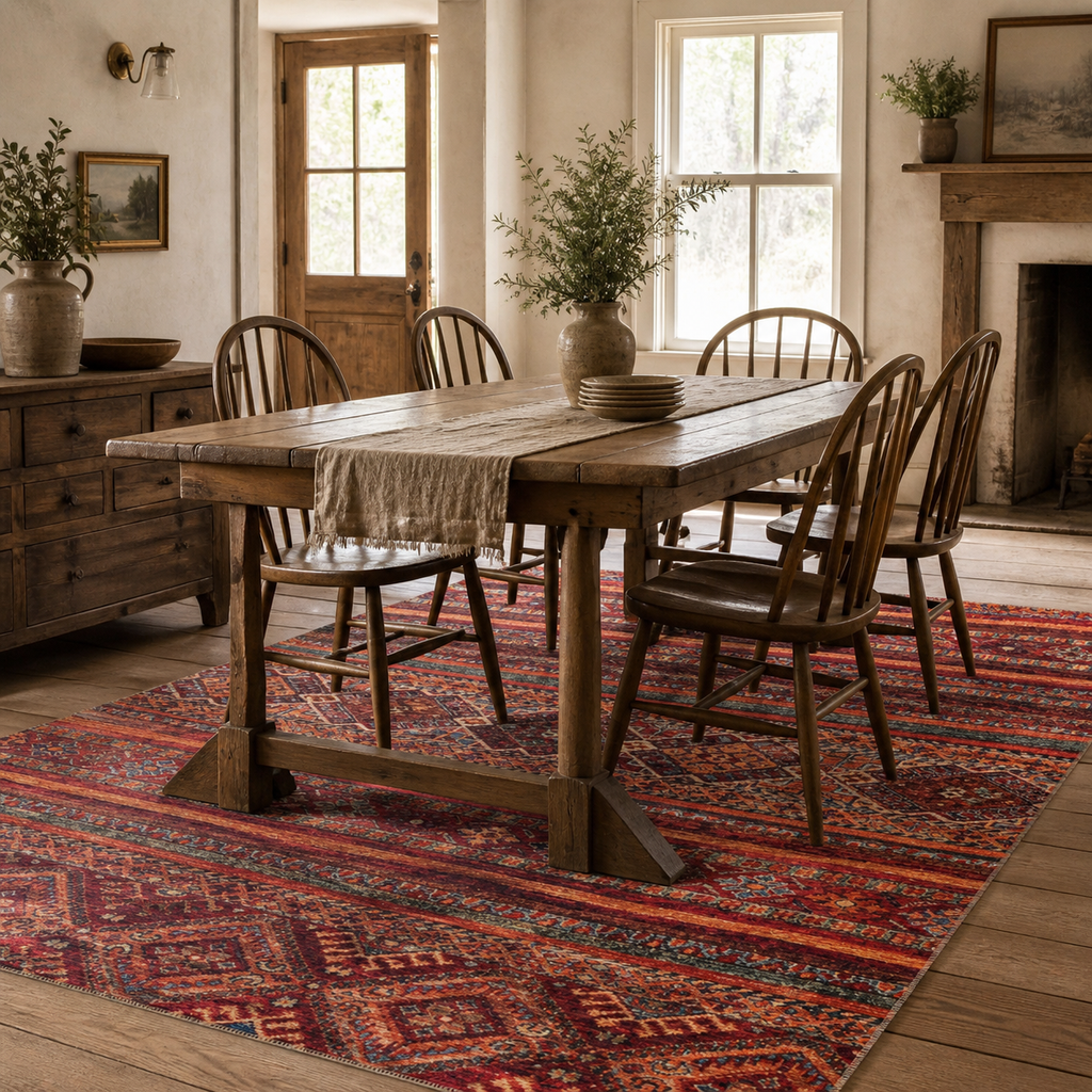 Détail du motif du tapis ethnique bordeaux lavable Aveline