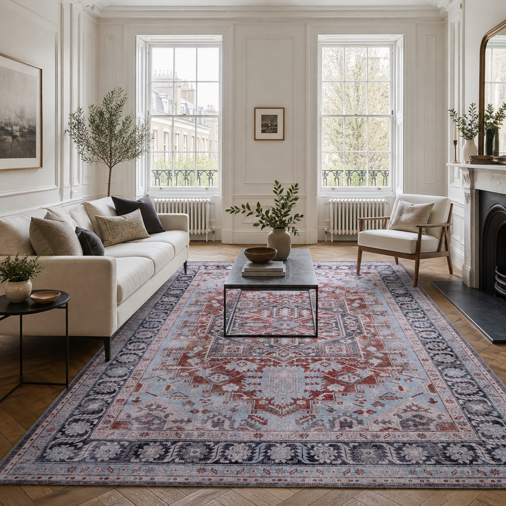Détail du motif du tapis ethnique crème et blanc lavable Laurette