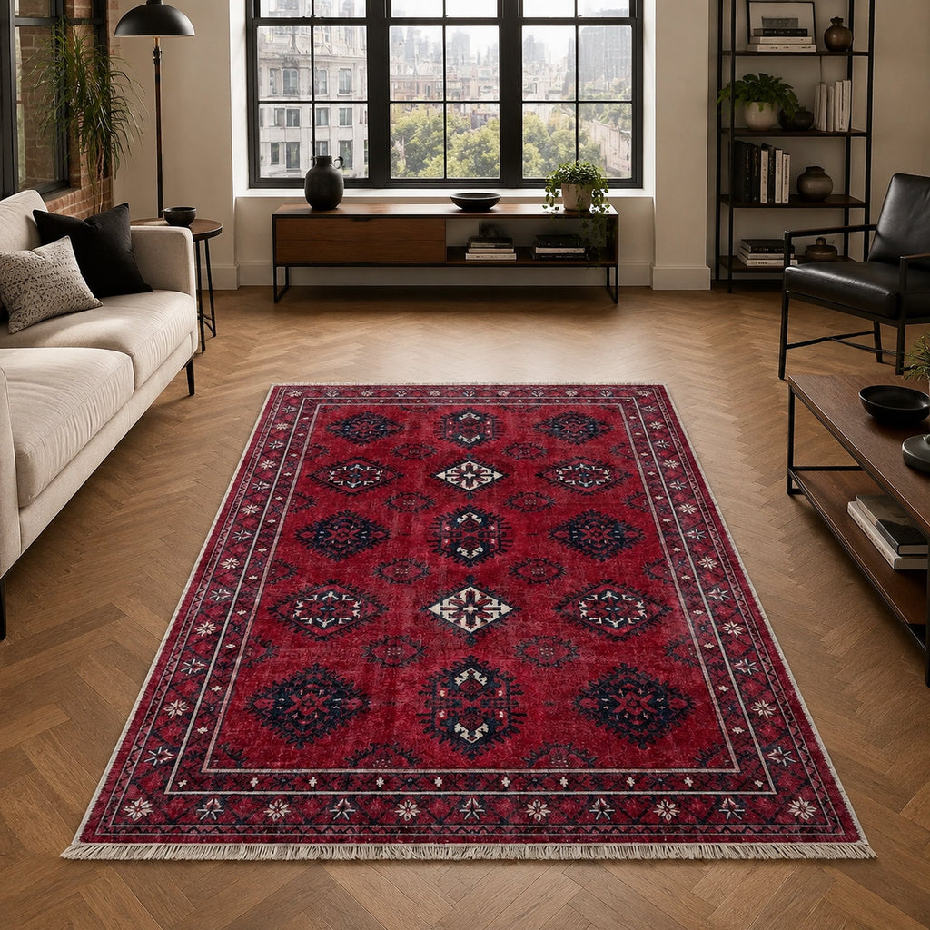 Tapis Ethnique Bordeaux Lavable Aliénor, vue principale