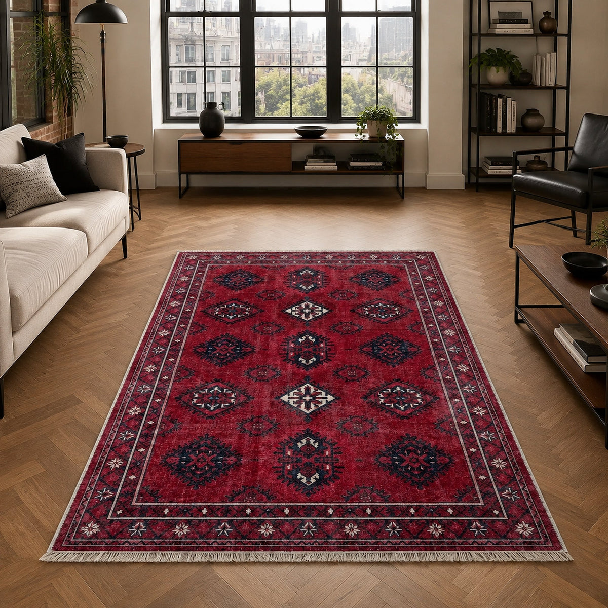 Tapis Ethnique Bordeaux Lavable Aliénor, vue principale