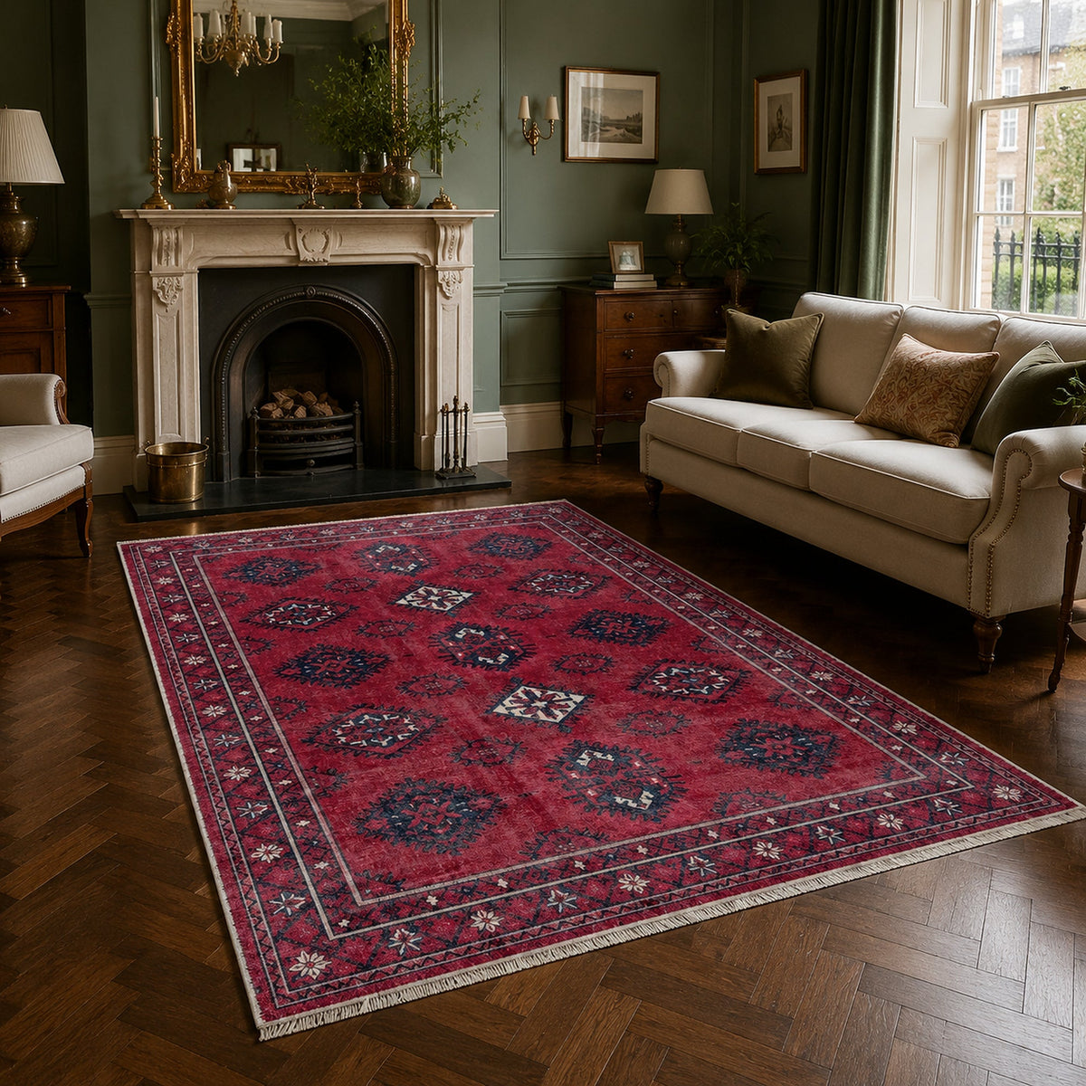 Détail du motif du tapis ethnique bordeaux lavable Aliénor