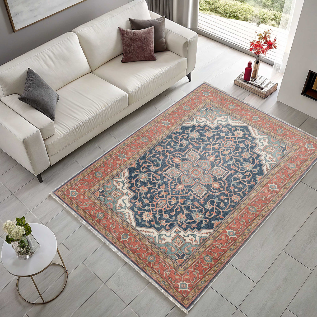Tapis Classique Vintage Bleu Marine Lavable Dana, vue 9