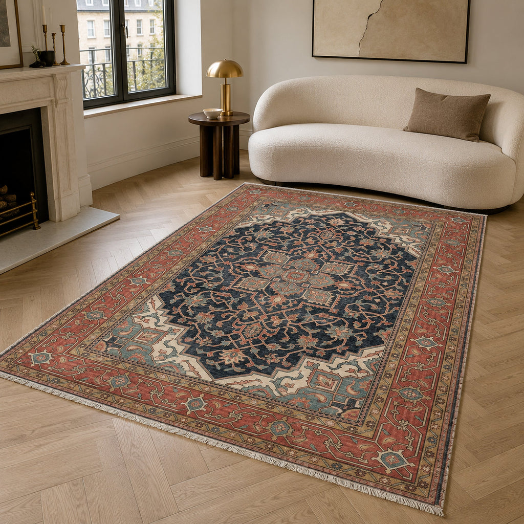 Tapis Classique Vintage Bleu Marine Lavable Dana, vue principale