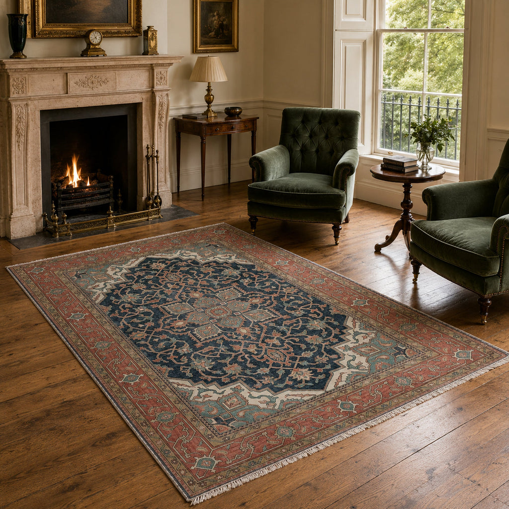 Détail du motif du tapis classique vintage bleu marine lavable Dana