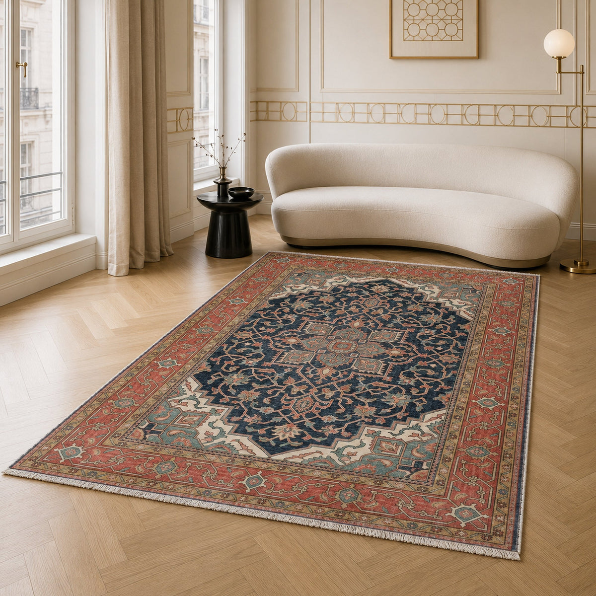 Tapis Classique Vintage Bleu Marine Lavable Dana, vue 5