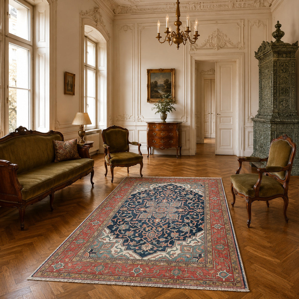 Tapis Classique Vintage Bleu Marine Lavable Dana, vue 6