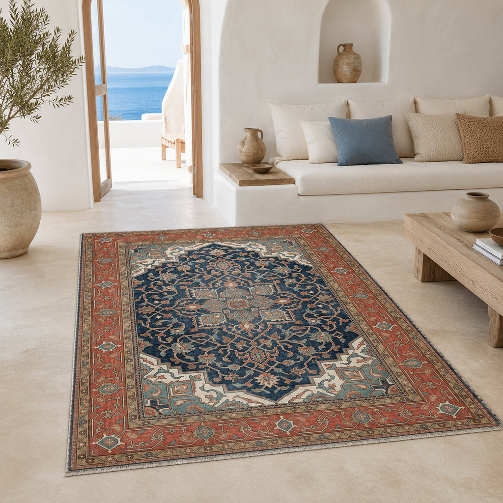 Tapis Classique Vintage Bleu Marine Lavable Dana, vue 7