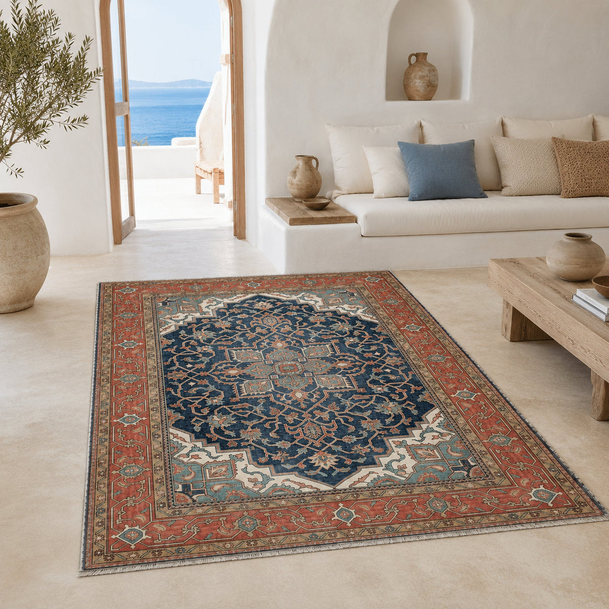 Tapis Classique Vintage Bleu Marine Lavable Dana, vue 7
