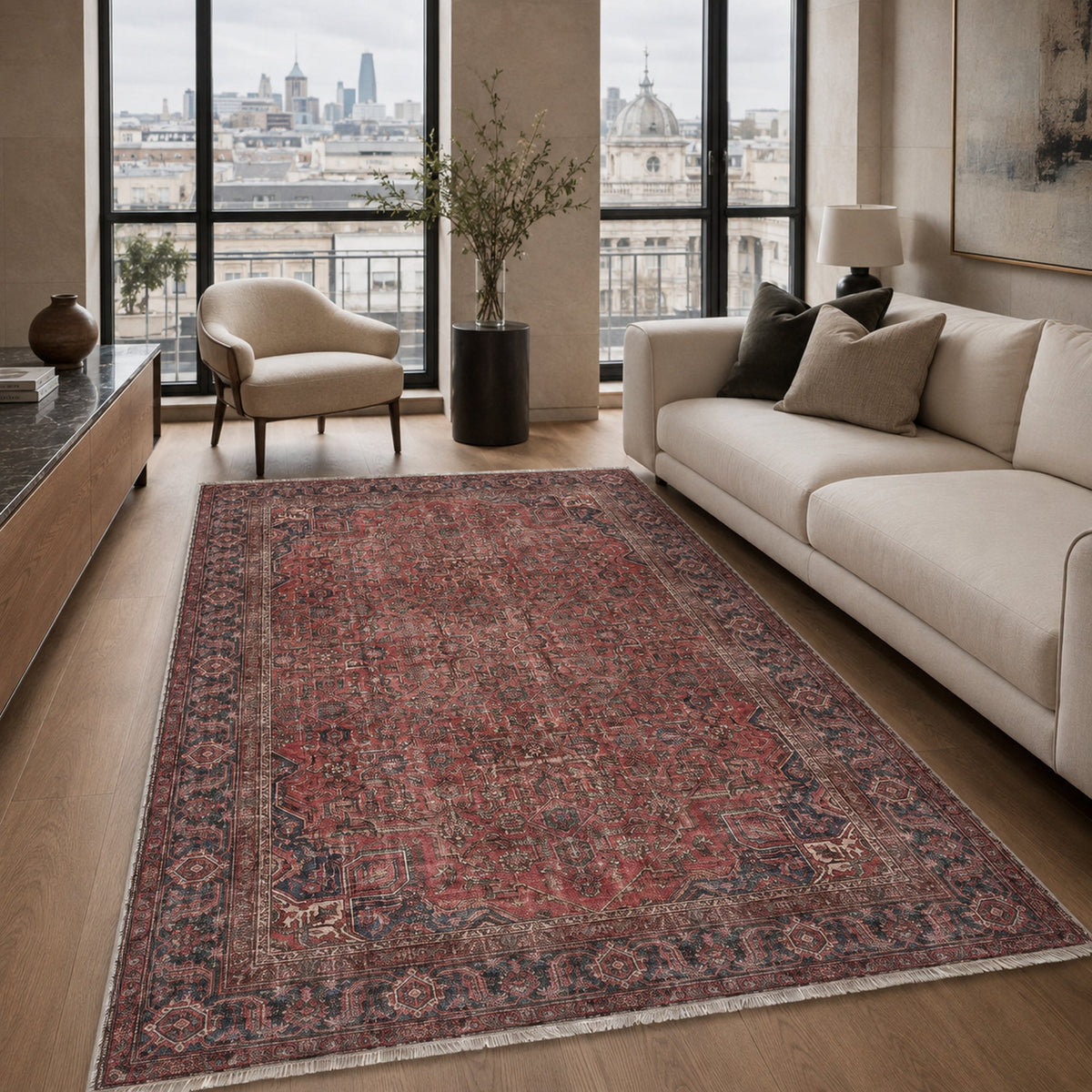 Tapis Vintage Bordeaux Lavable Baya, vue principale