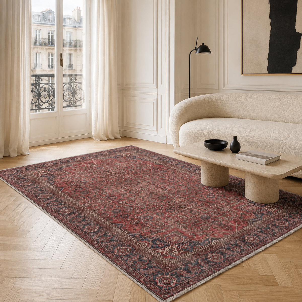 Détail du motif du tapis vintage bordeaux lavable Baya