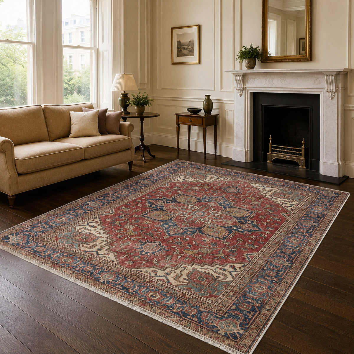 Détail du motif du tapis classique crème et blanc lavable Eline