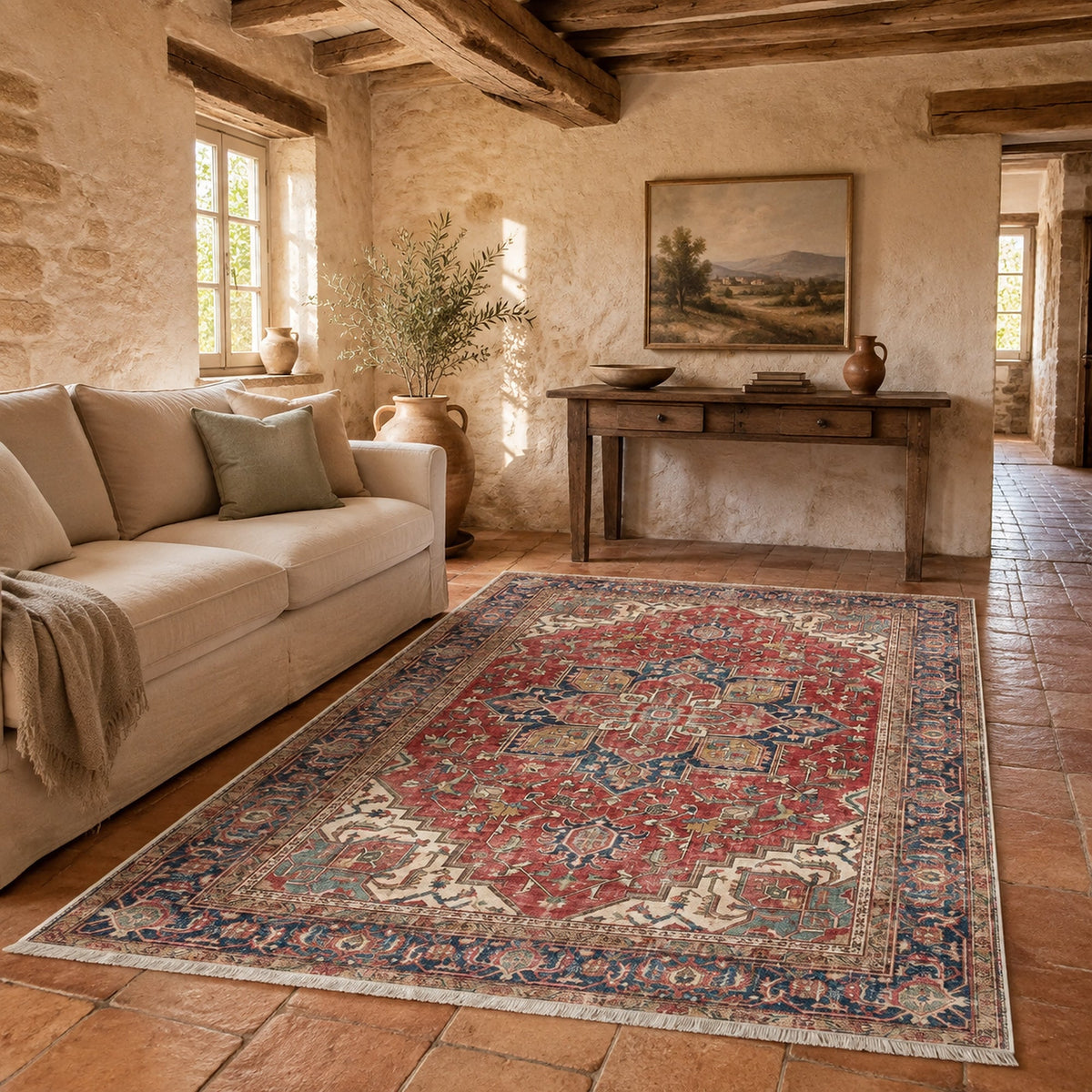 Tapis Classique Crème et Blanc Lavable Eline, vue 4