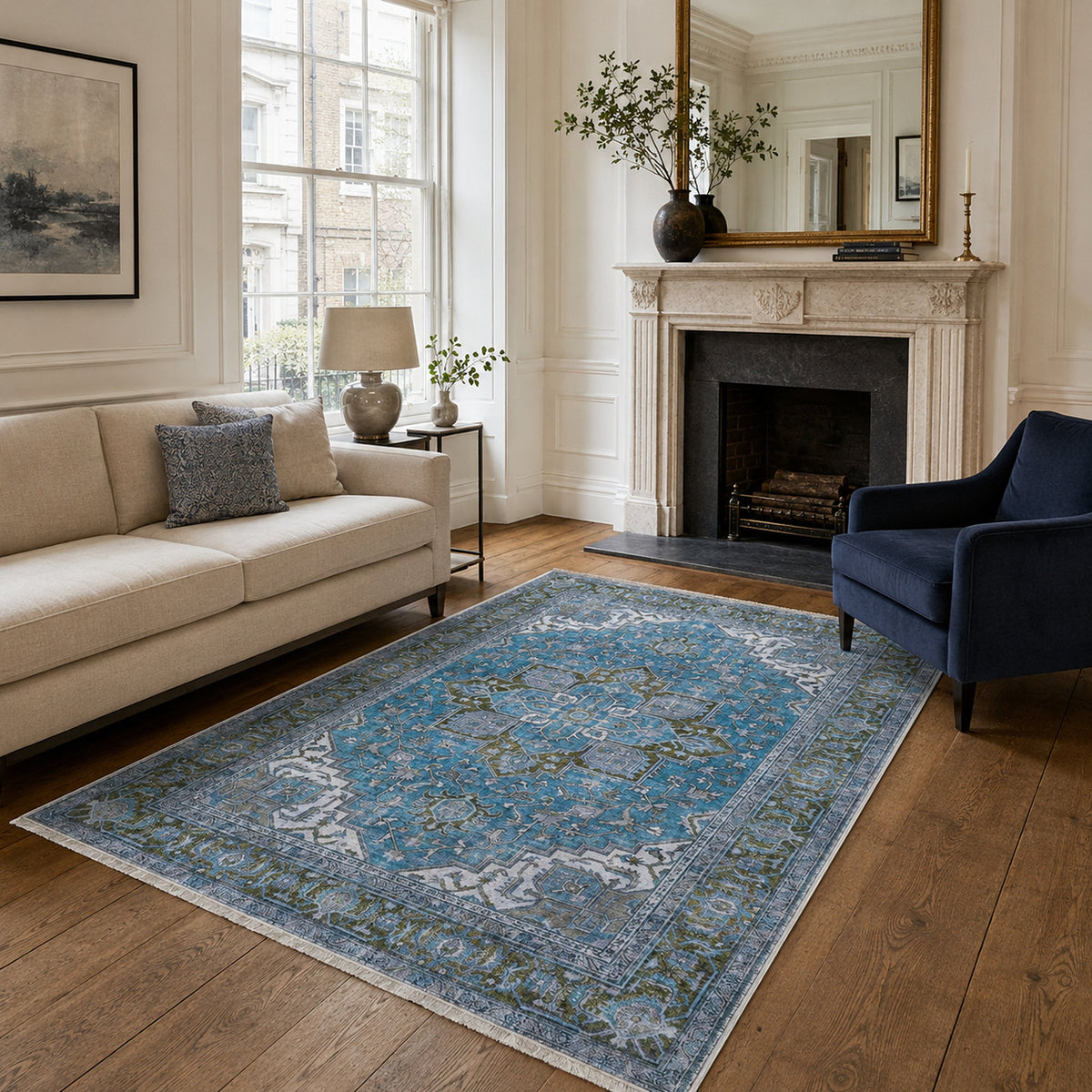 Détail du motif du tapis classique bleu marine lavable Baya