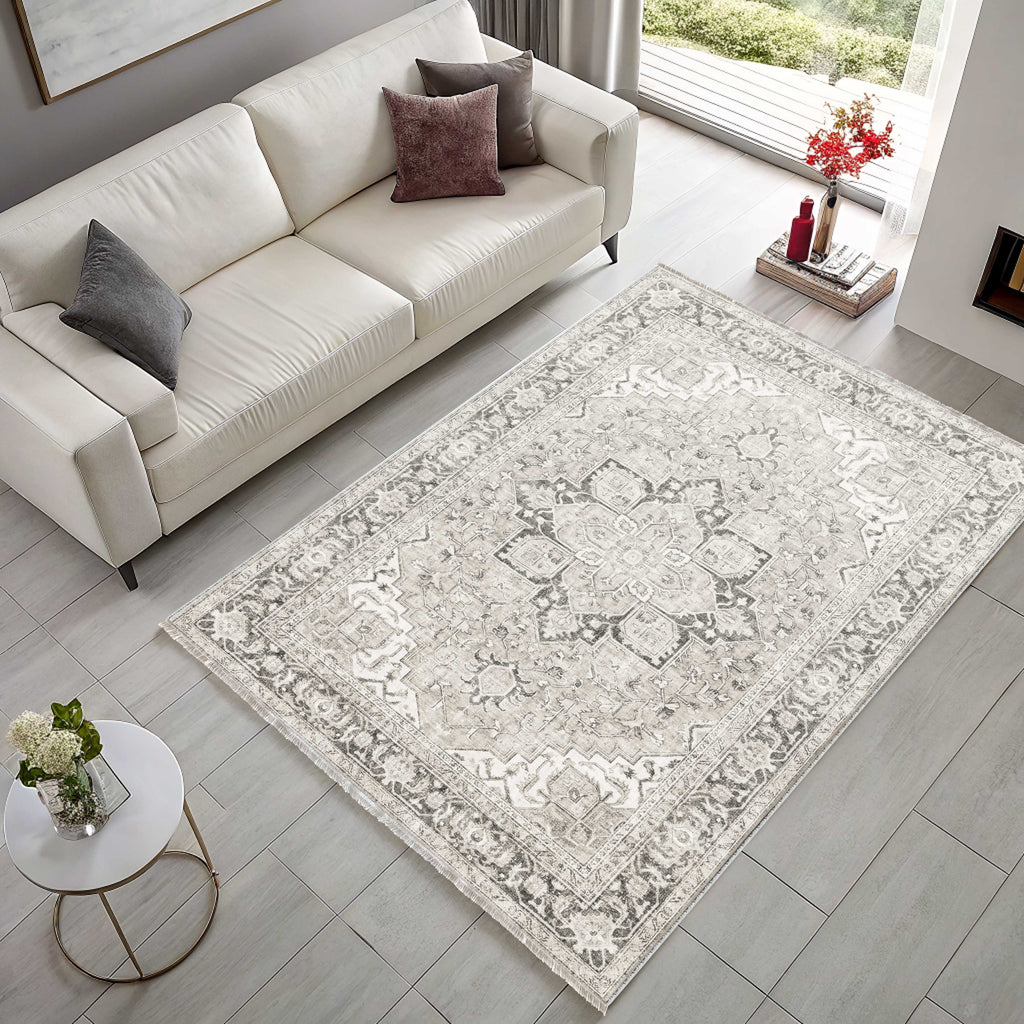 Tapis Géométrique Vintage Crème et Blanc Lavable Oriana, vue 9