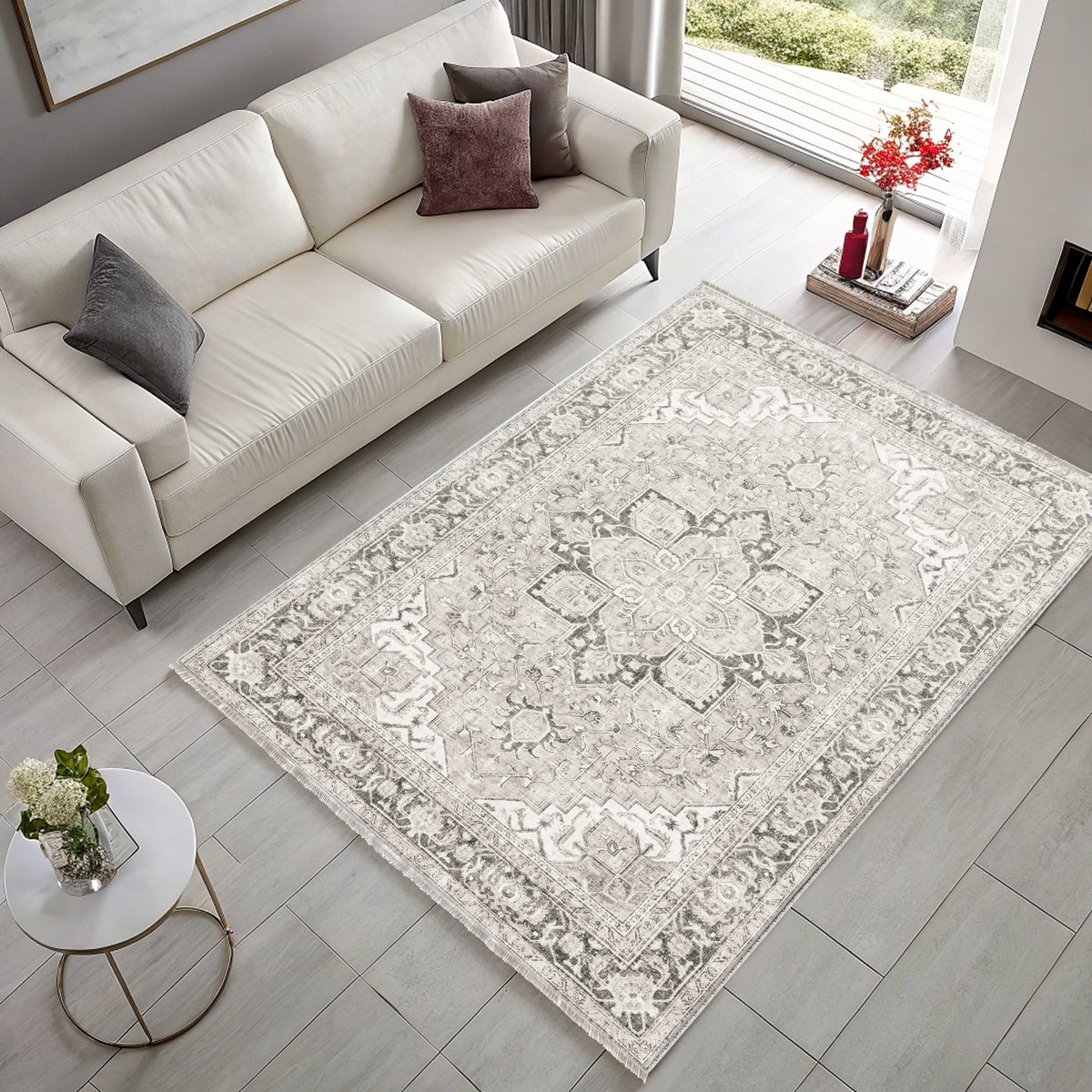 Tapis Géométrique Vintage Crème et Blanc Lavable Oriana, vue 9