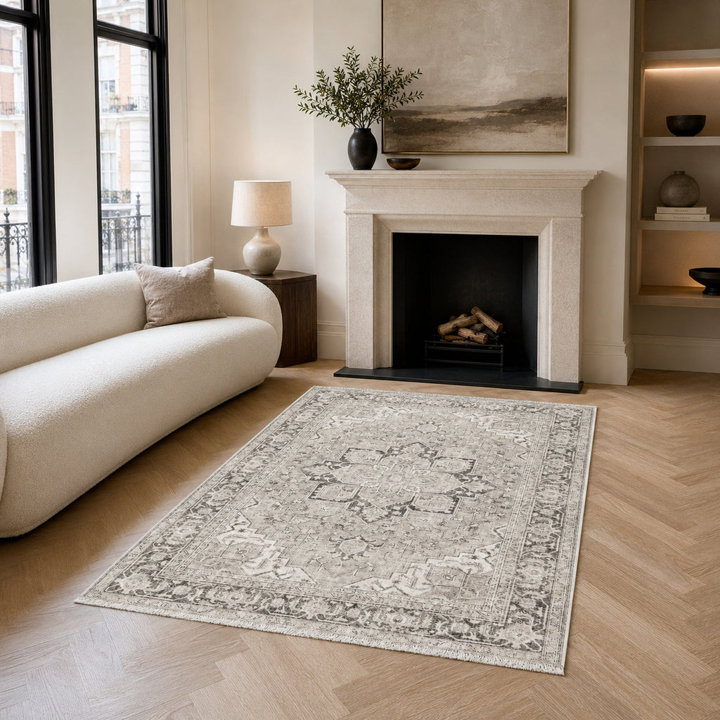 Tapis Géométrique Vintage Crème et Blanc Lavable Oriana, vue principale