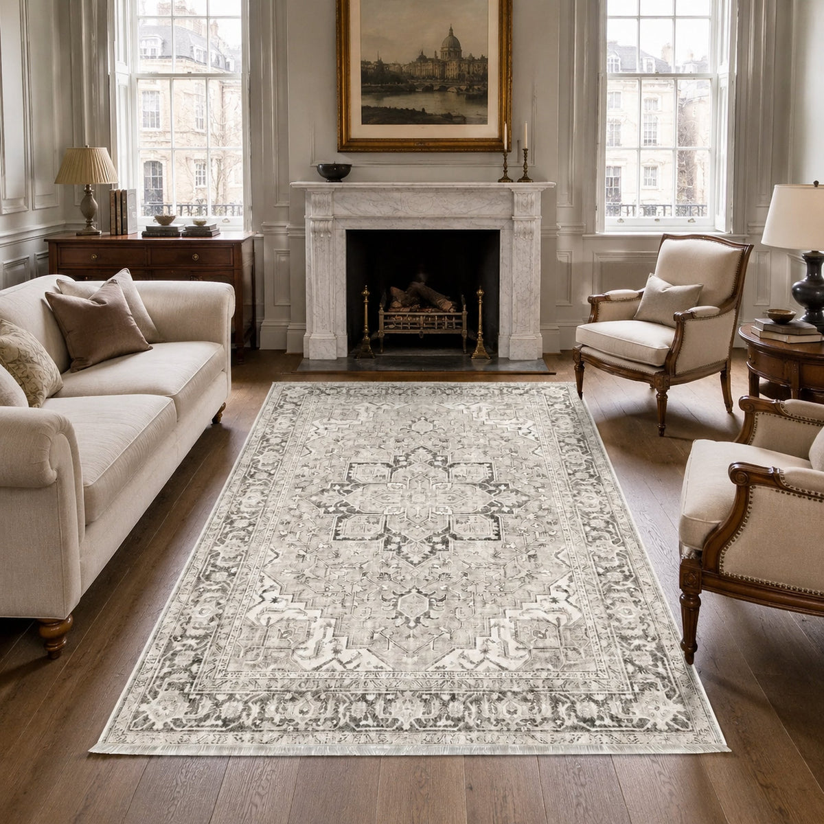 Détail du motif du tapis géométrique vintage crème et blanc lavable Oriana