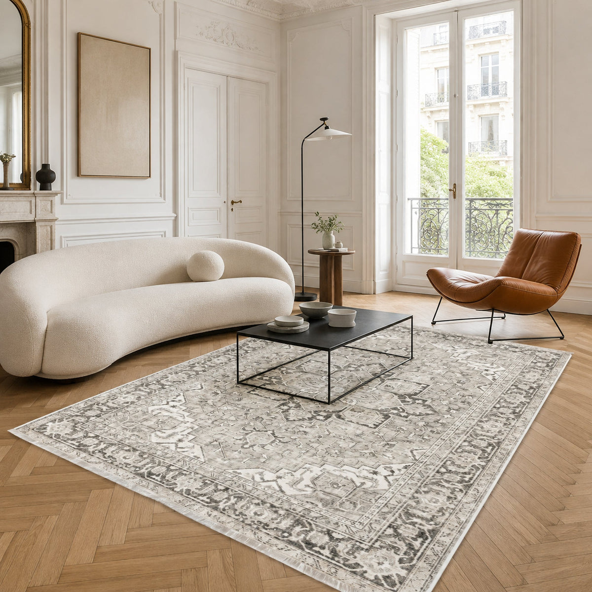 Tapis Géométrique Vintage Crème et Blanc Lavable Oriana, vue 3