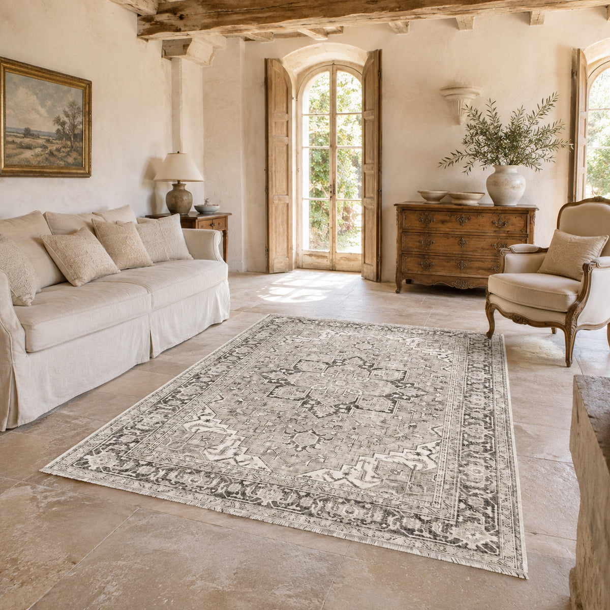 Tapis Géométrique Vintage Crème et Blanc Lavable Oriana, vue 4