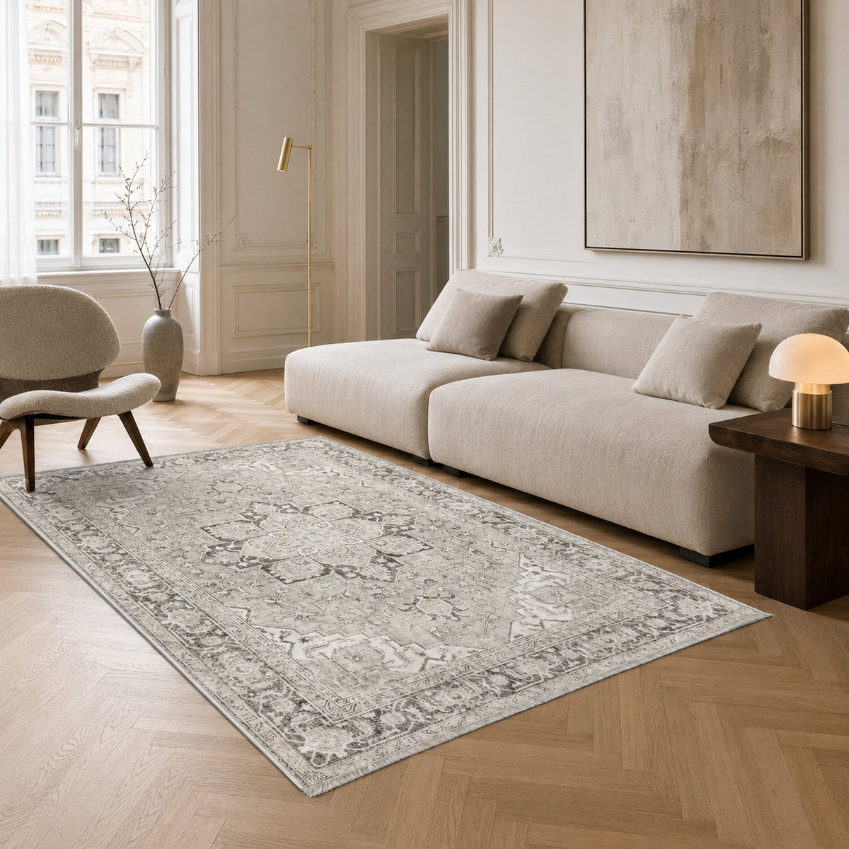 Tapis Géométrique Vintage Crème et Blanc Lavable Oriana, vue 5