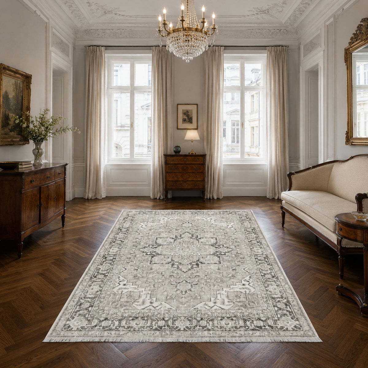 Tapis Géométrique Vintage Crème et Blanc Lavable Oriana, vue 6