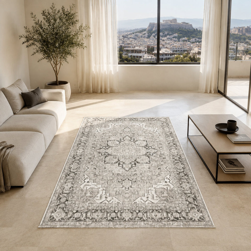 Tapis Géométrique Vintage Crème et Blanc Lavable Oriana, vue 7