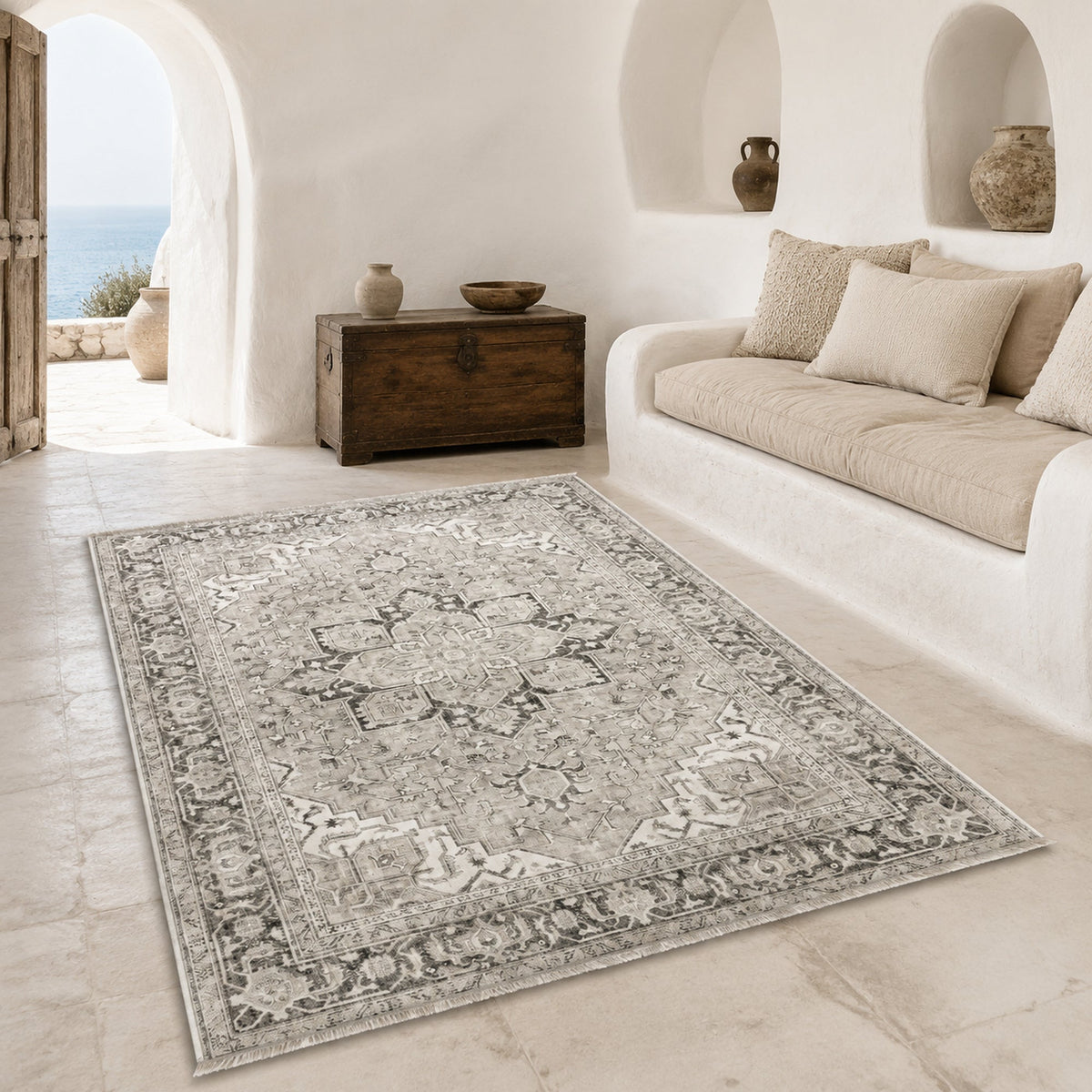 Tapis Géométrique Vintage Crème et Blanc Lavable Oriana, vue 8