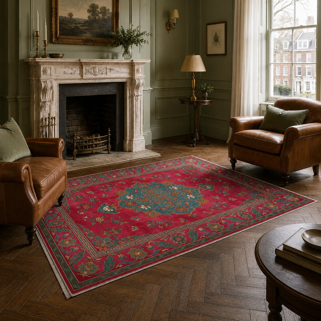 Détail du motif du tapis géométrique moderne bordeaux lavable Elvire