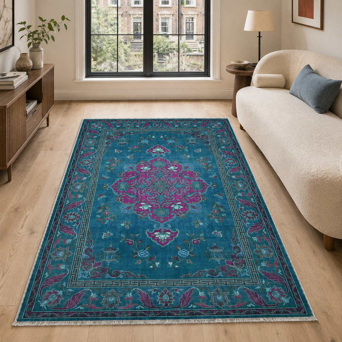 Tapis Géométrique Moderne Bleu Marine Lavable Isaline, vue principale