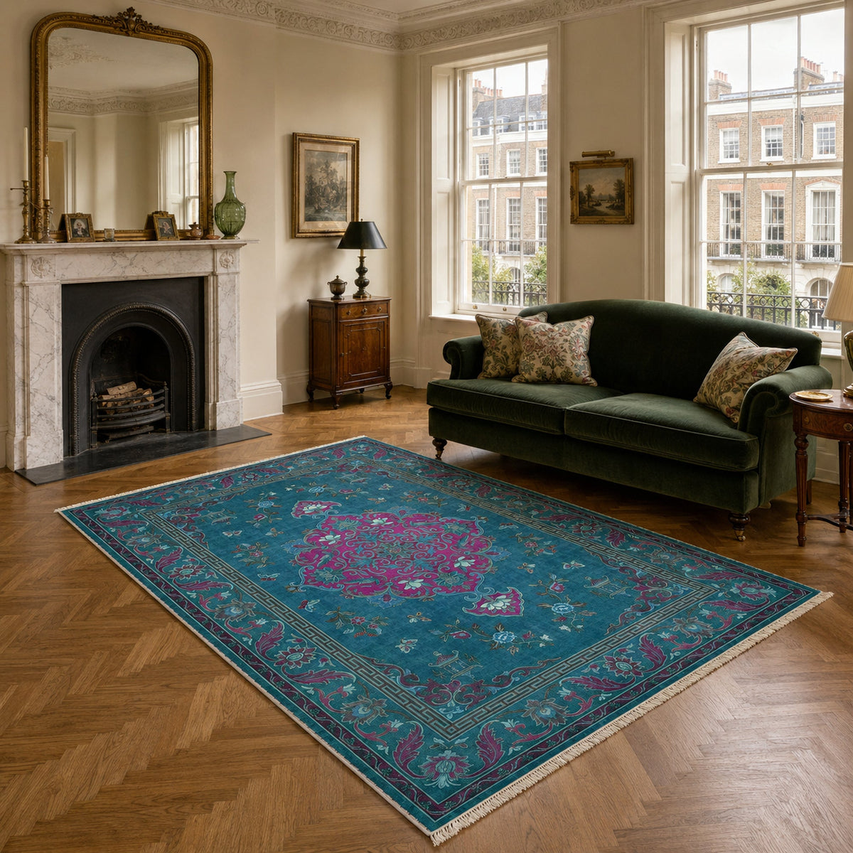 Détail du motif du tapis géométrique moderne bleu marine lavable Isaline