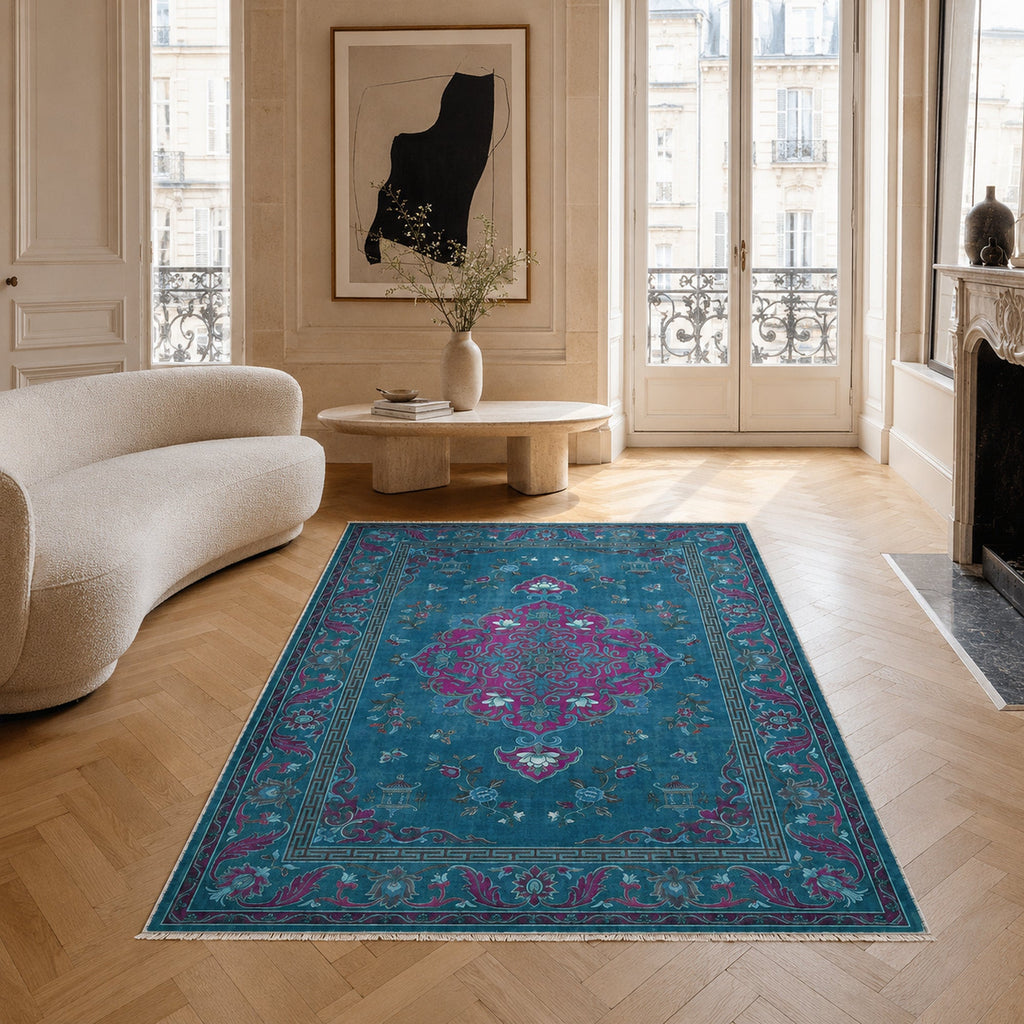 Tapis Géométrique Moderne Bleu Marine Lavable Isaline, vue 3