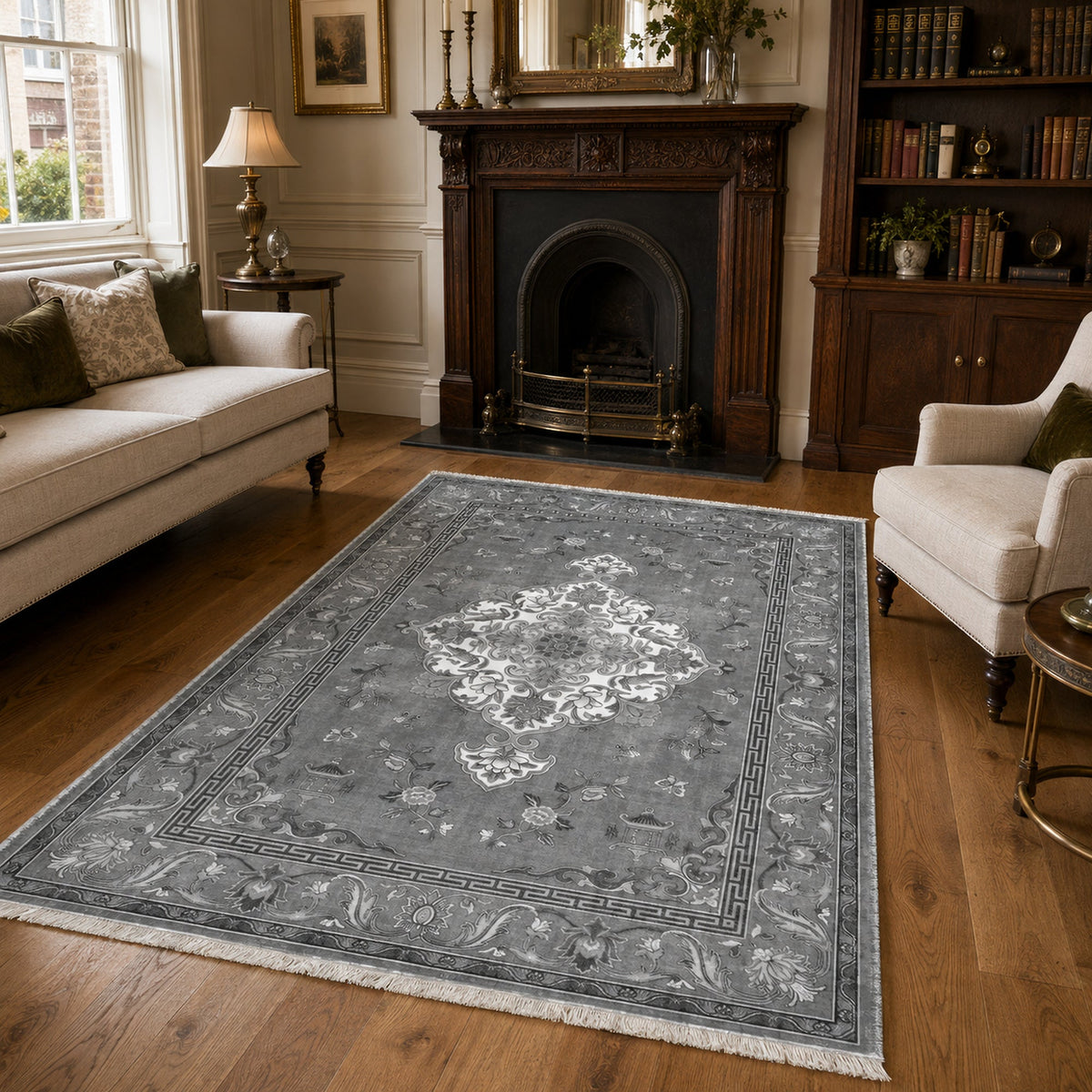 Détail du motif du tapis classique gris lavable Lorena
