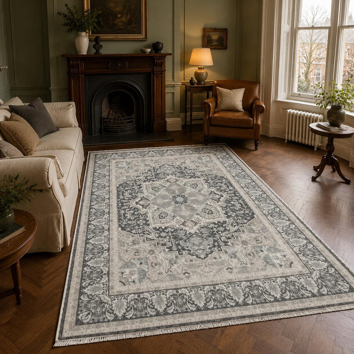 Détail du motif du tapis classique crème et blanc lavable Odette
