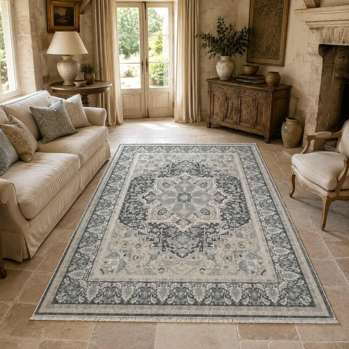 Tapis Classique Crème et Blanc Lavable Odette, vue 4