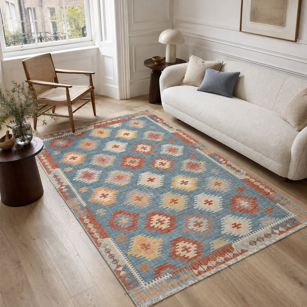 Tapis Ethnique Bleu Marine Lavable Maëlle, vue principale