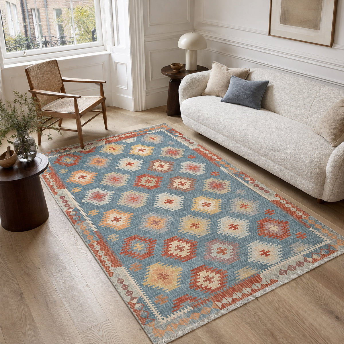 Tapis Ethnique Bleu Marine Lavable Maëlle, vue principale