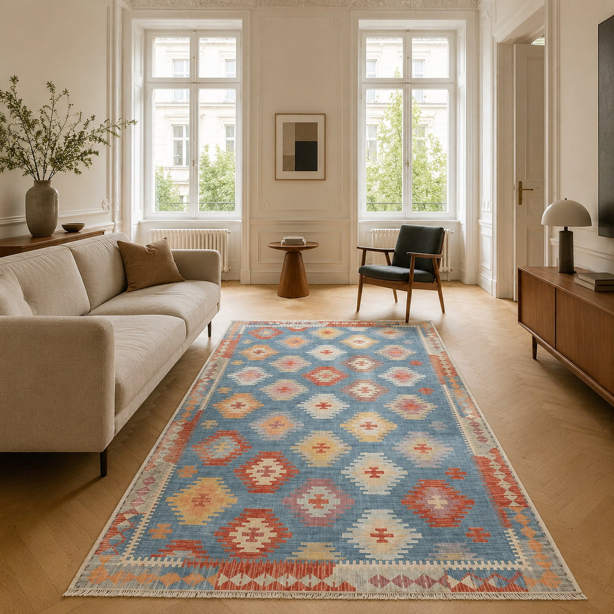 Tapis Ethnique Bleu Marine Lavable Maëlle, vue 5