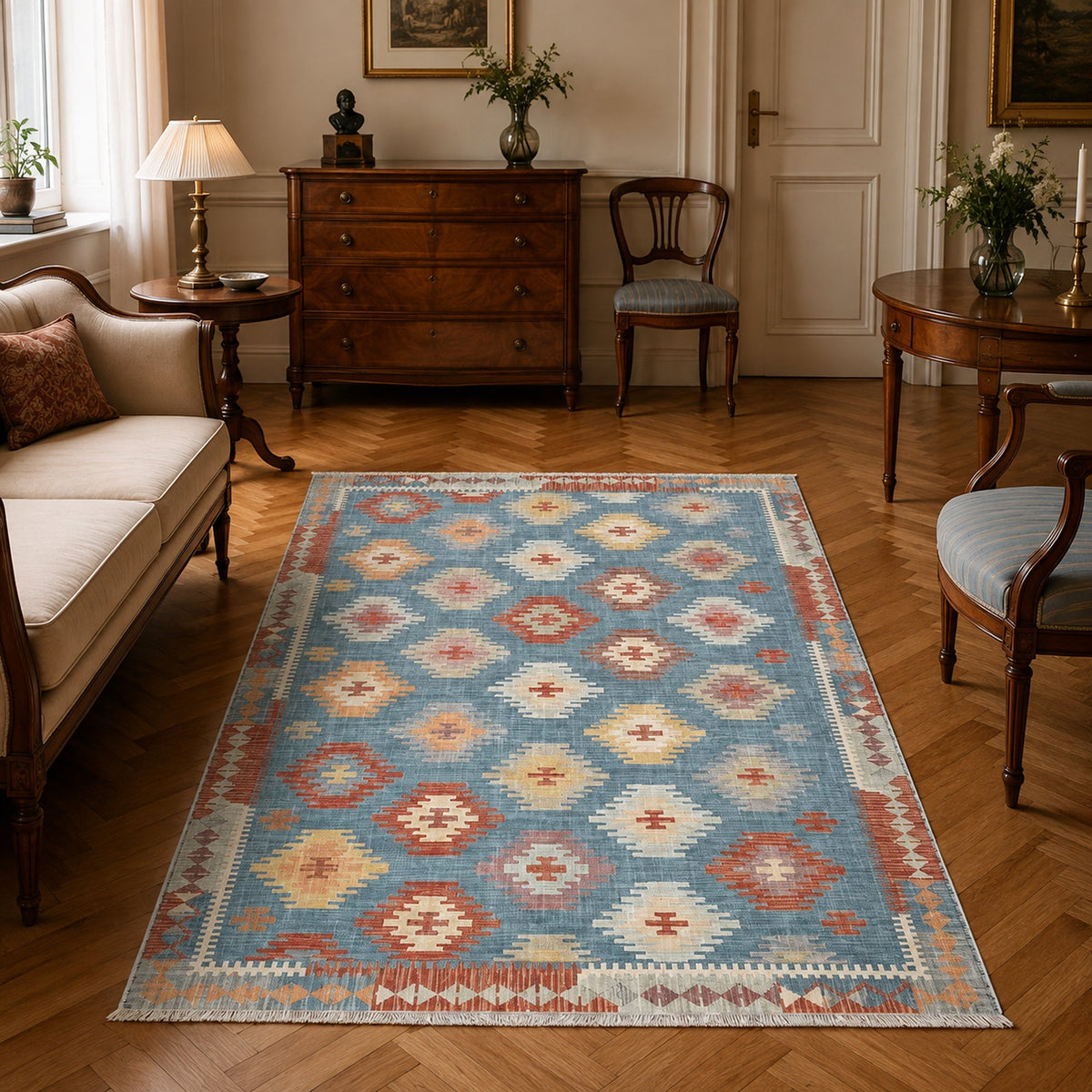 Tapis Ethnique Bleu Marine Lavable Maëlle, vue 6